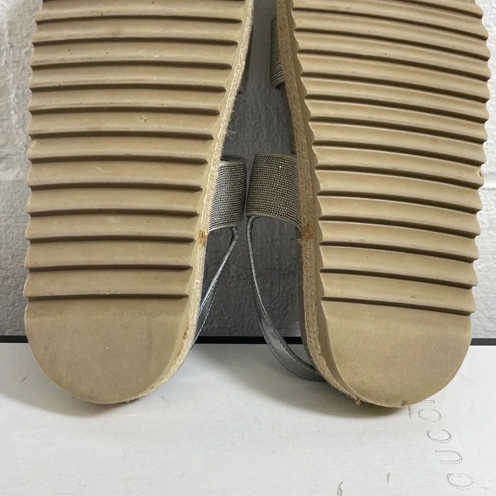 Brunello Cucinelli Metallic Silver Beaded Strap Espadrille Sandals Women's‎ 6 US